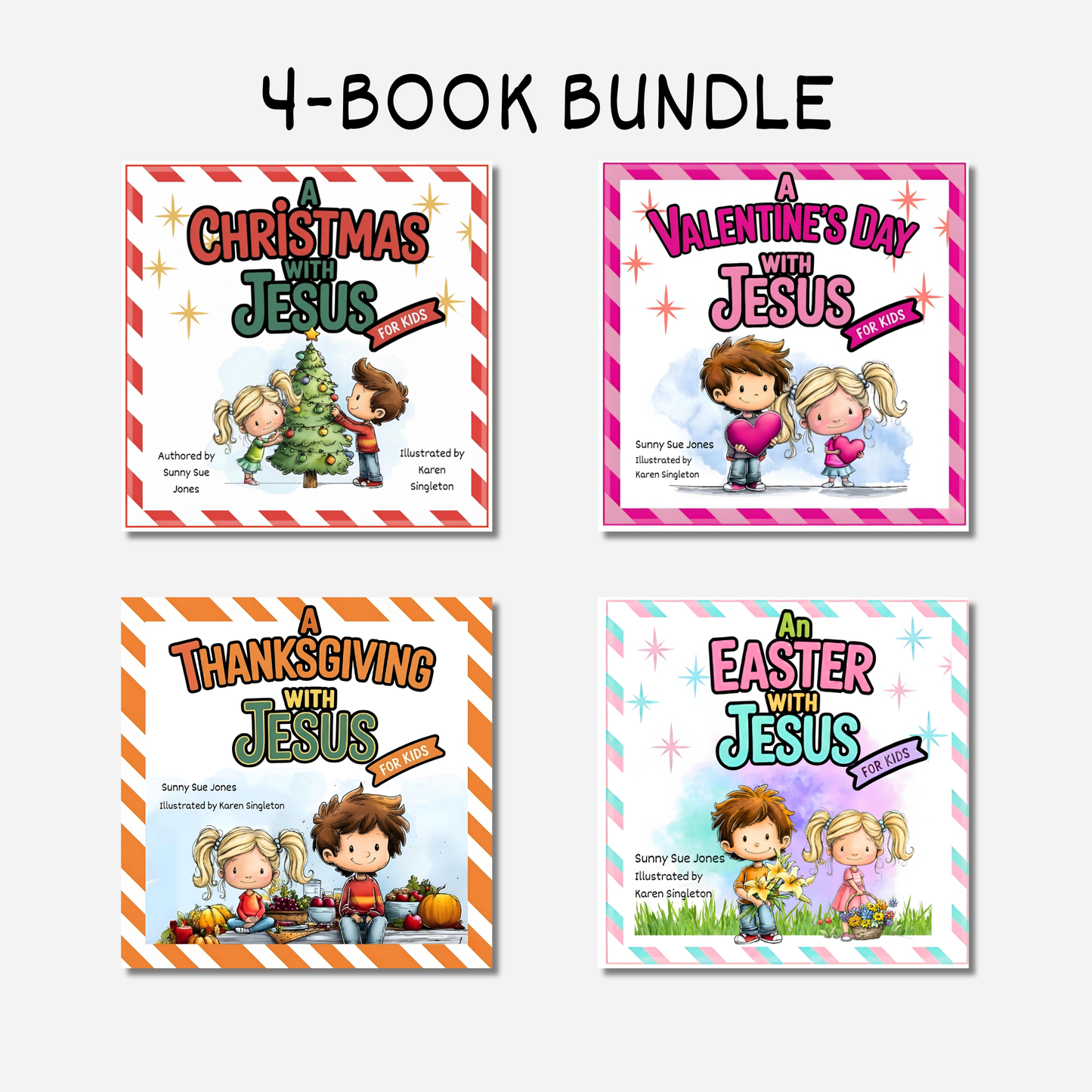 Four book covers of 'A Christmas with Jesus', 'A Valentine's Day with Jesus', 'A Thanksgiving with Jesus', and 'An Easter with Jesus' on a white background.