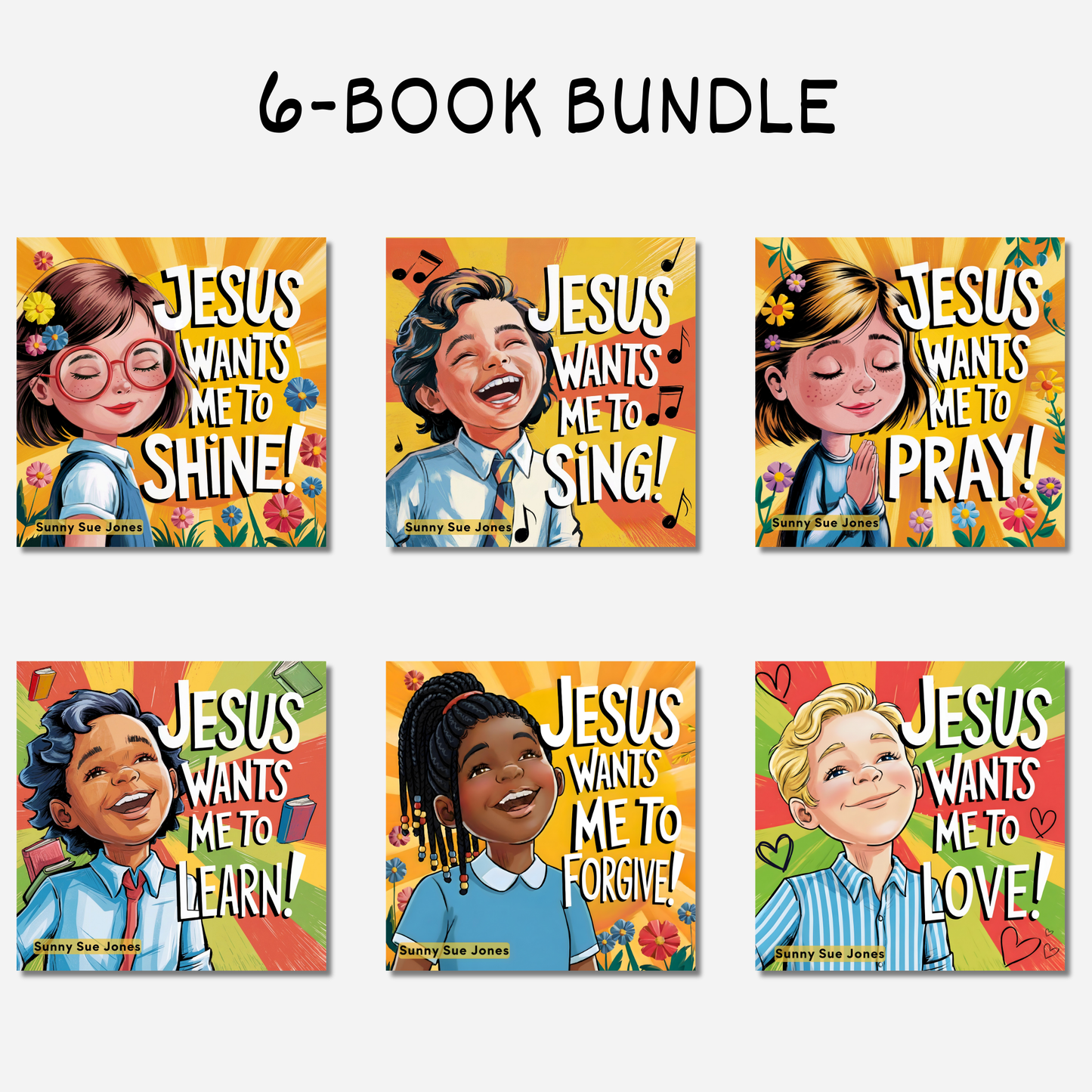Six book covers from a 'Jesus Wants Me' series on a white background