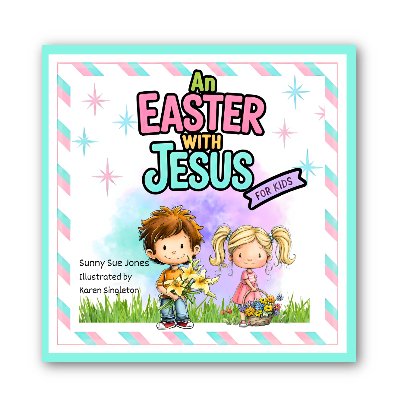 Book cover of 'An Easter with Jesus for Kids' featuring illustrations of a boy and girl holding flowers on a colorful background.