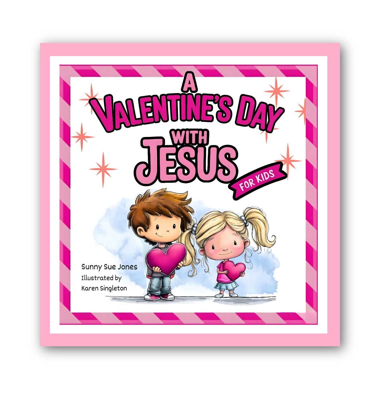 Book cover of 'A Valentine's Day with Jesus for Kids' featuring cartoon characters holding hearts.