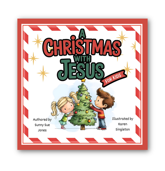 Book cover of 'A Christmas with Jesus for Kids' featuring a boy and girl decorating a Christmas tree.