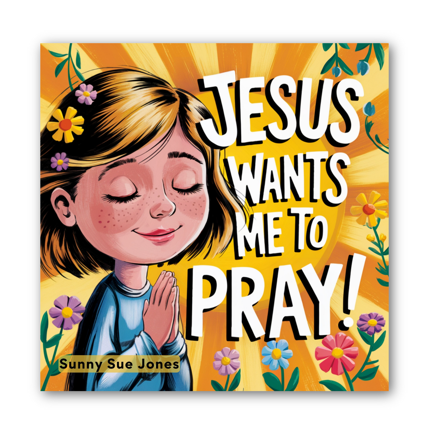 Book cover of 'Jesus Wants Me to Pray!' with a girl praying and flowers on a yellow background