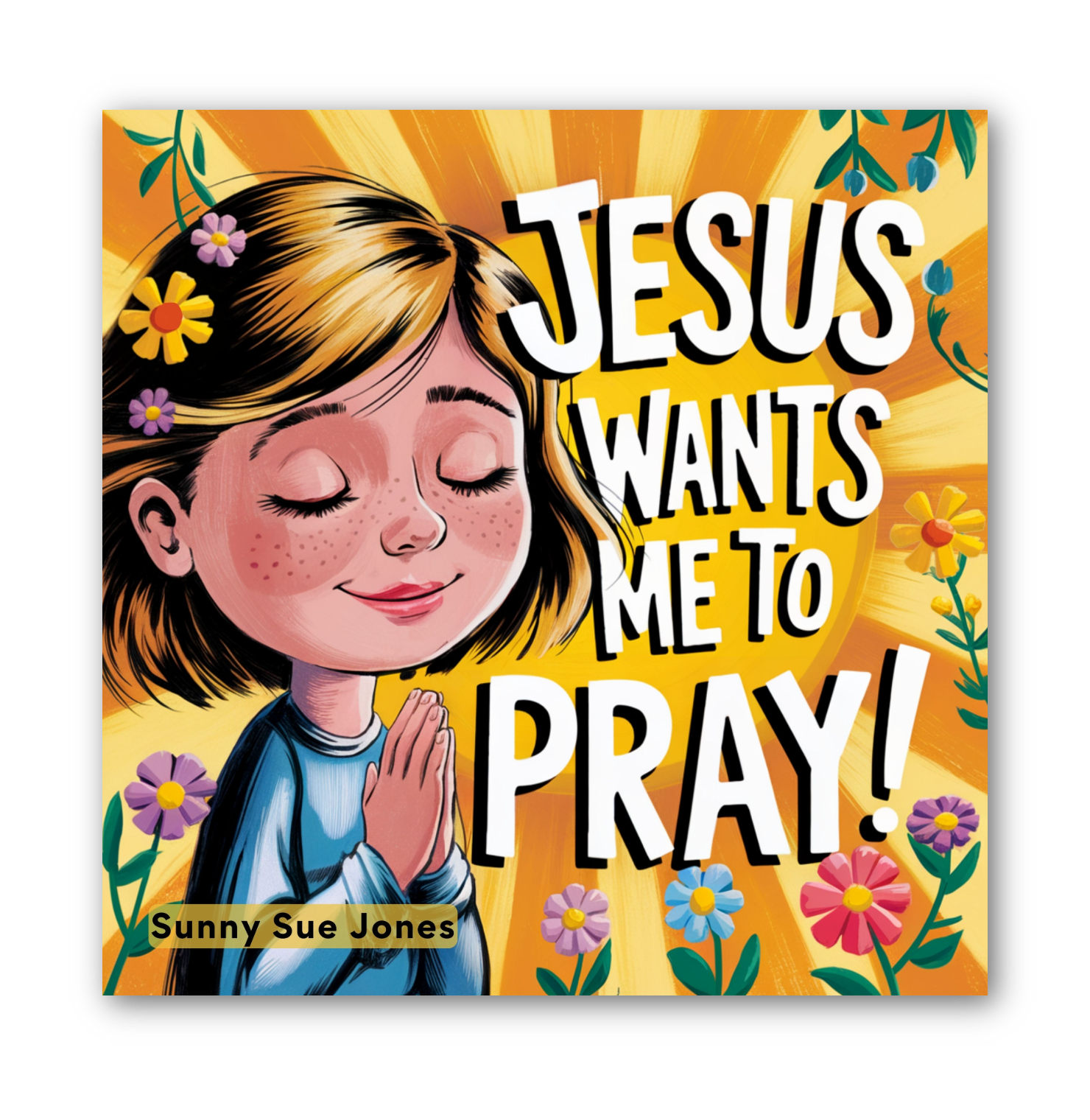 Book cover of 'Jesus Wants Me to Pray!' with a girl praying and flowers on a yellow background