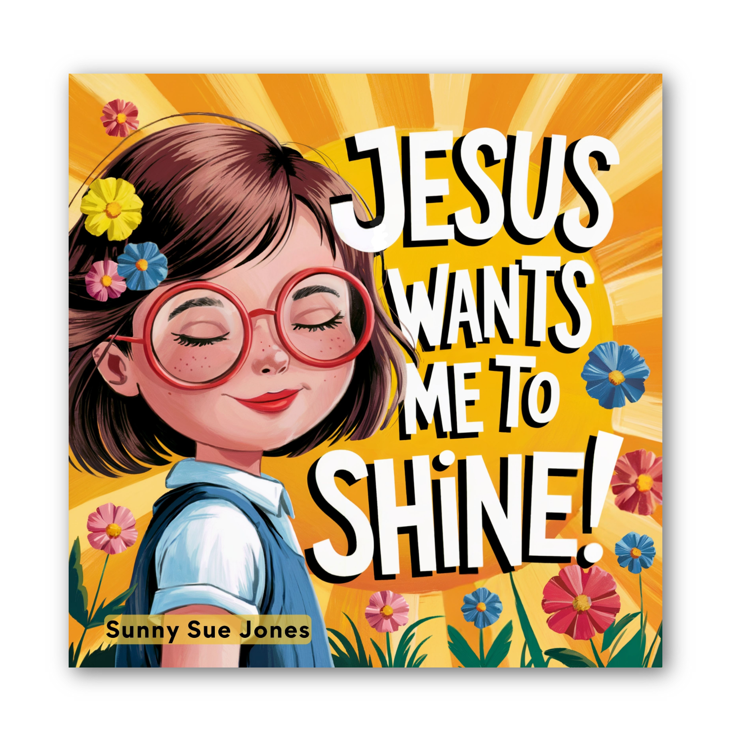 Book cover of 'Jesus Wants Me to Shine!' with a girl wearing glasses and flowers on a yellow background.