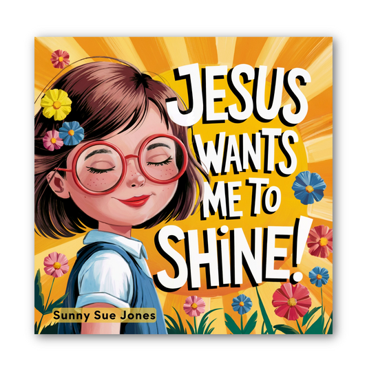 Book cover of 'Jesus Wants Me to Shine!' with a girl wearing glasses and flowers on a yellow background.