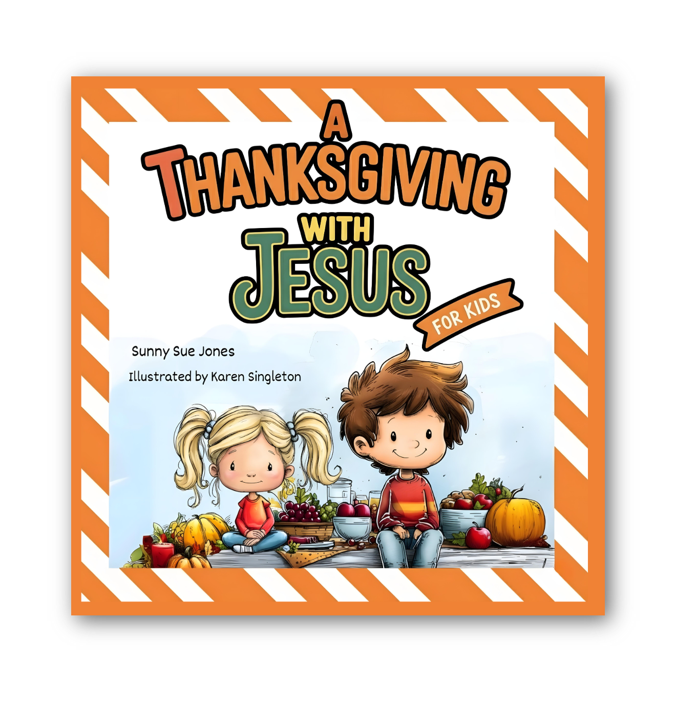 Book cover of 'A Thanksgiving with Jesus for Kids' featuring two children and pumpkins.