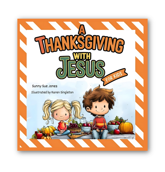 Book cover of 'A Thanksgiving with Jesus for Kids' featuring two children and pumpkins.