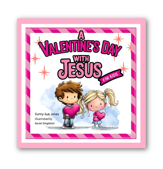 Book cover of 'A Valentine's Day with Jesus for Kids' featuring cartoon characters holding hearts.